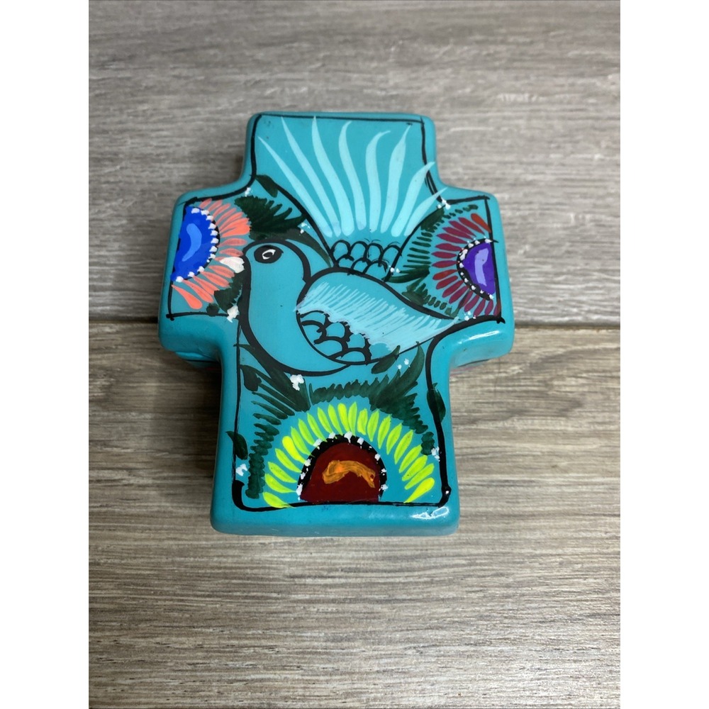 Mexican Folk Art Cross Trinket Box Pottery Bird Turquoise Terracotta 5"
